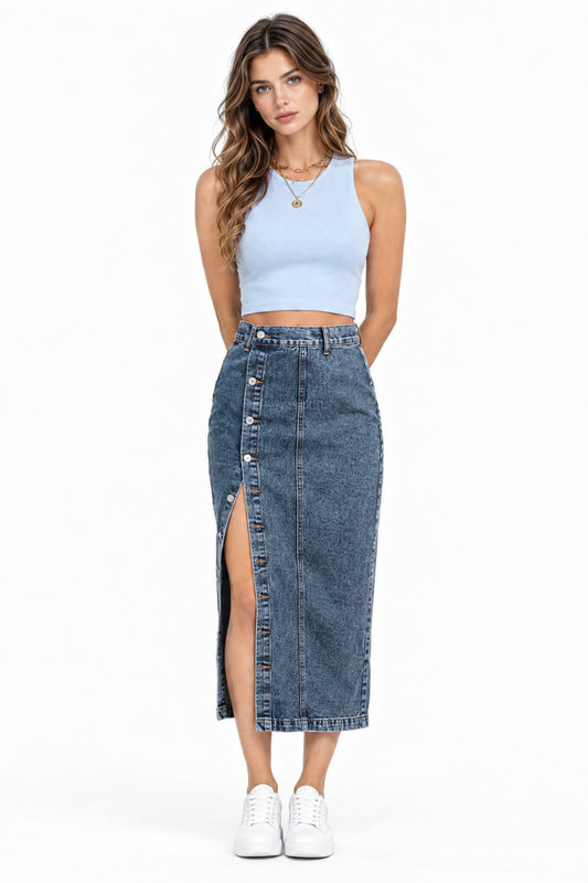 Women's High Waist Side Button Denim Midi Skirt