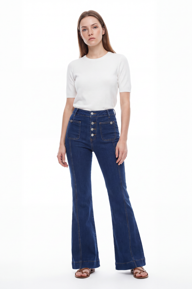 Women's High Waist Button Fly Stretch Flare Jeans
