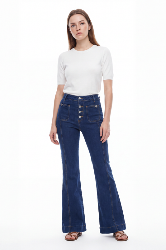 Women's High Waist Button Fly Stretch Flare Jeans