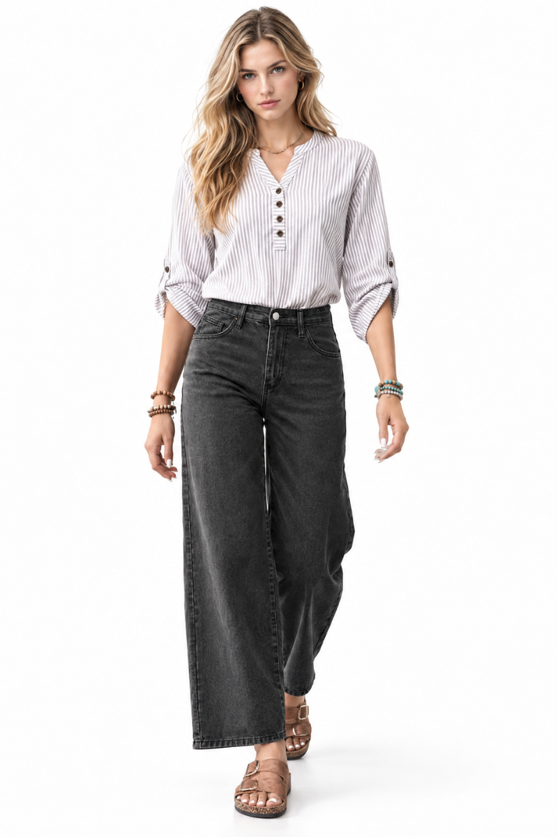 Women's Vintage Washed Black High Waist Wide Leg Jeans