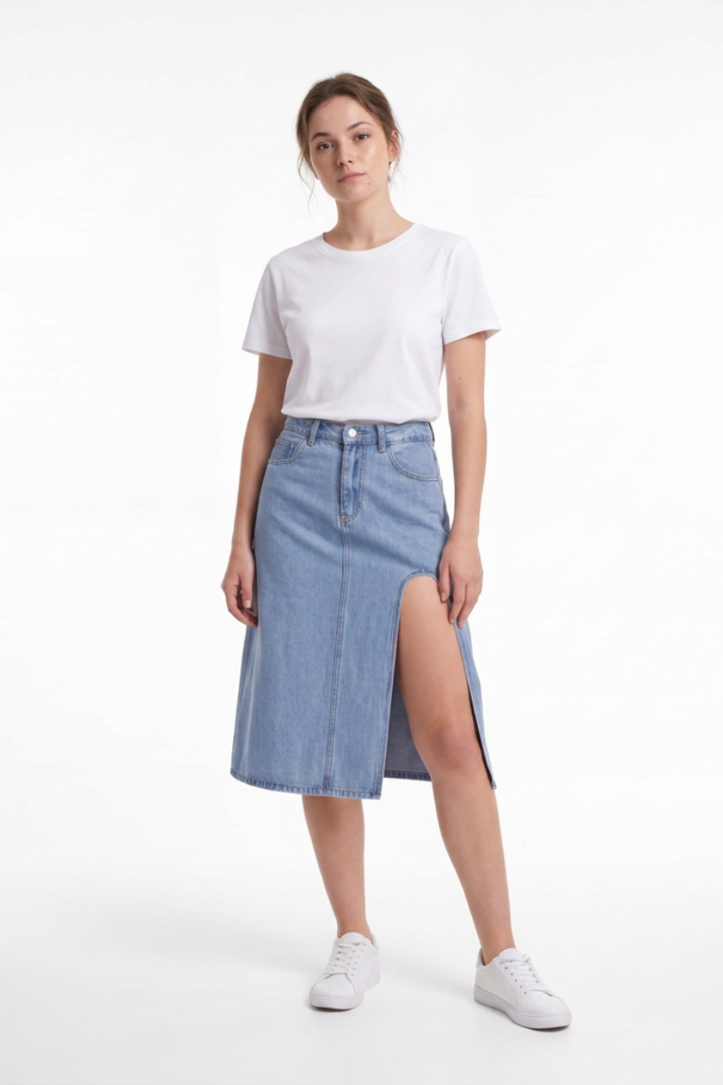 Women's High Waist A-Line Front Slit Denim Midi Skirt