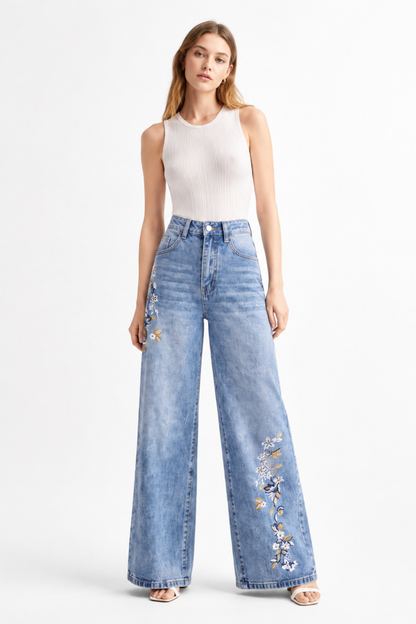 Women's High Waist Side Studded Wide Leg Jeans
