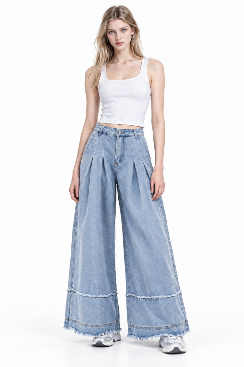 Women's High Waist Pleated Wide Leg Jeans