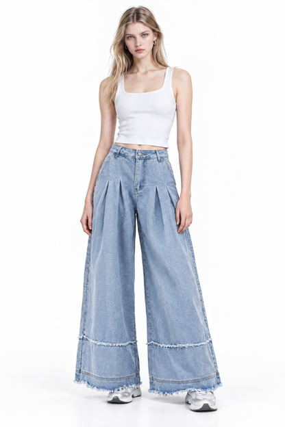 Women's High Waist Pleated Wide Leg Jeans