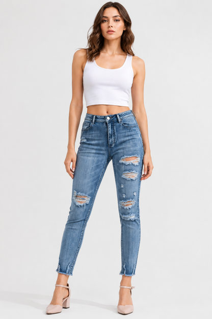Women's High Waist Distressed Ripped Skinny Jeans