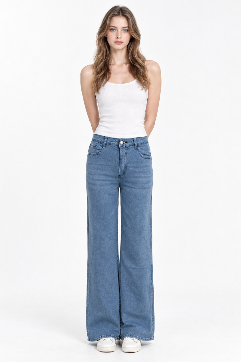 Women's High Waist Blue Stretch Wide Leg Jeans