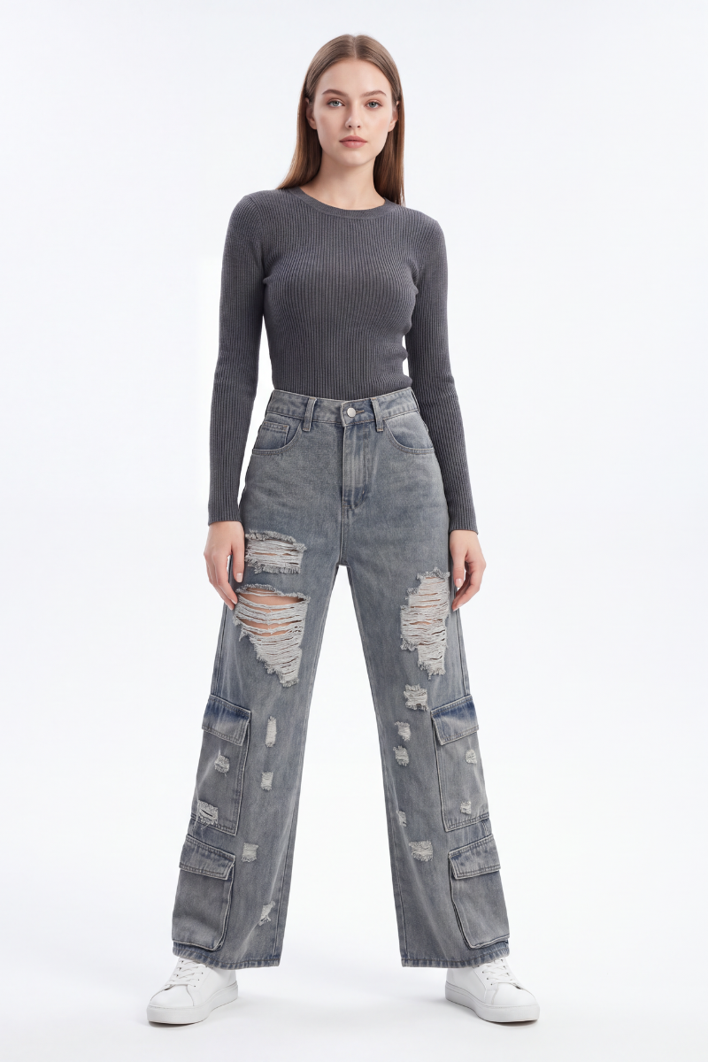 Women's Vintage High Waist Distressed Wide Leg Cargo Jeans