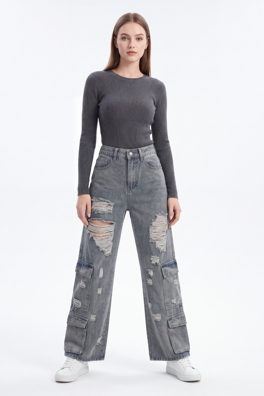 Women's Vintage High Waist Distressed Wide Leg Cargo Jeans