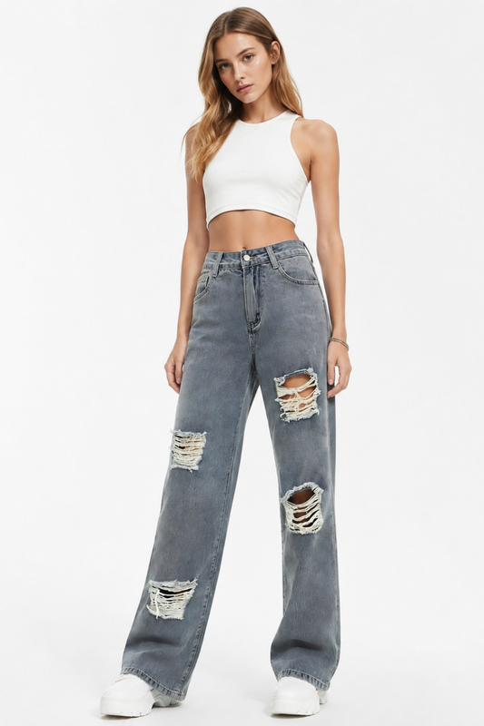 Women's High Waist Distressed Ripped Wide Leg Jeans