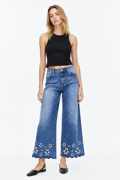 Women's High Waist Floral Embroidered Wide Leg Jeans