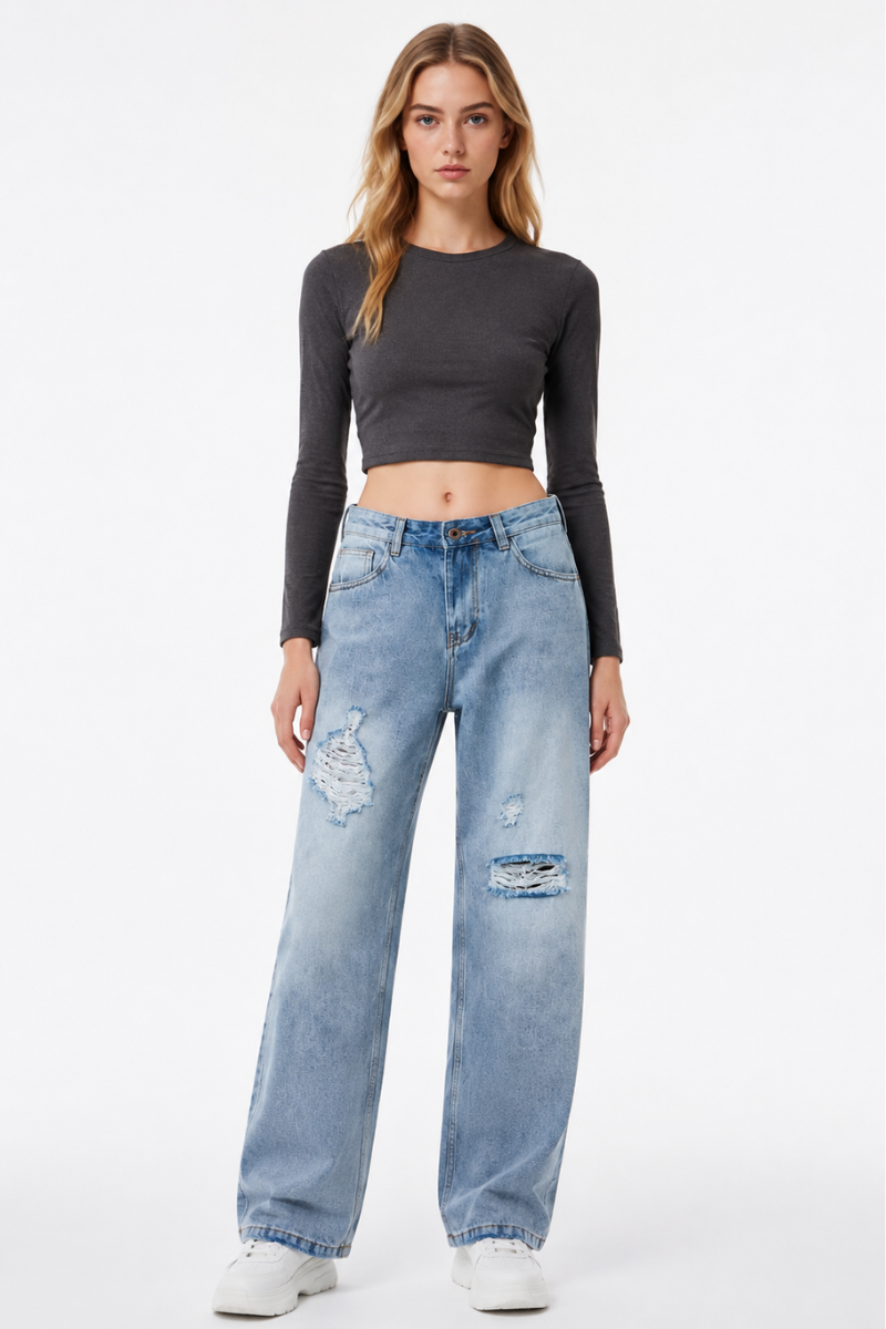 Women's High Waist Ripped Straight Leg Jeans