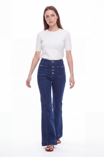 Women's High Waist Button Fly Stretch Flare Jeans
