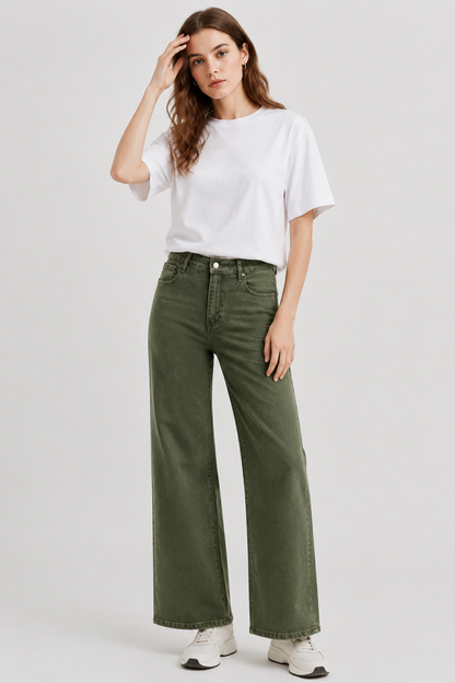 Women's high-waisted stretch loose straight-leg jeans