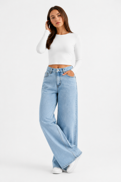Women's High Waist Light Blue Straight Wide Leg Jeans