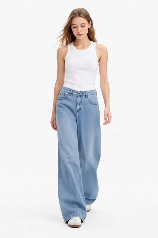 Women's 100% Cotton High Waist Wash Wide Leg Jeans