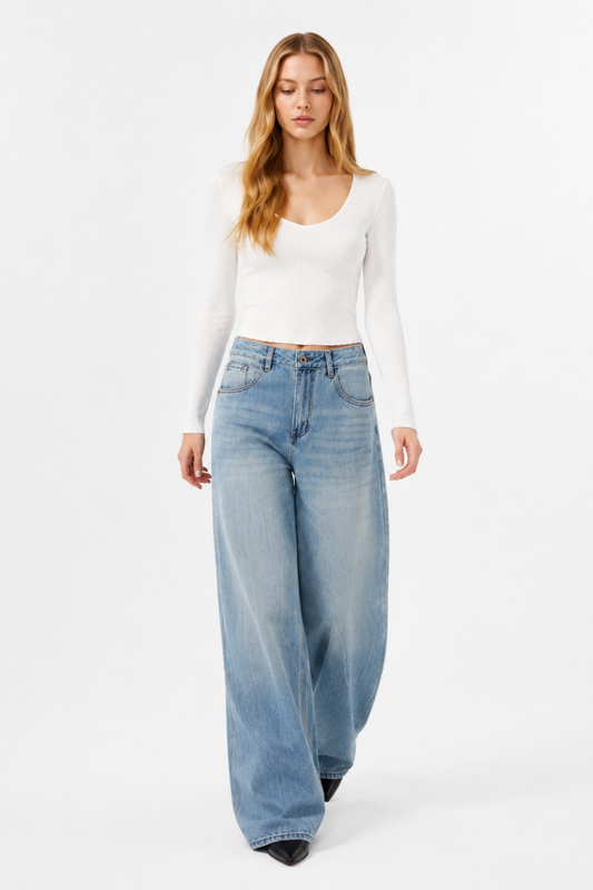 Women's 100% Cotton High Waist Wash Wide Leg Jeans