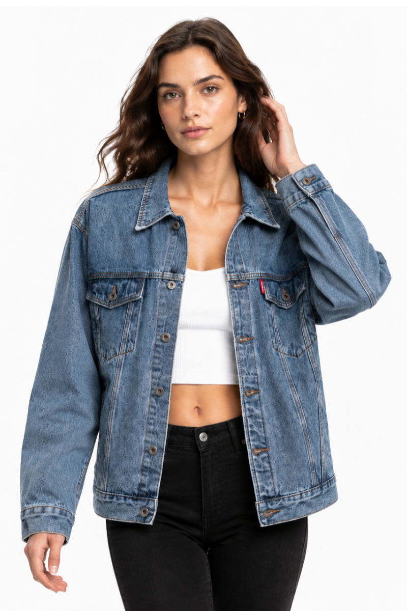 Women's Classic Blue Denim Jacket with Red Tag