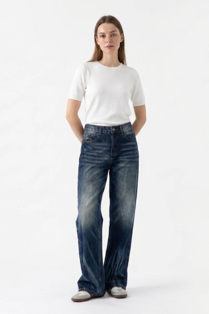 Women's Heavy Wash High Waist Straight Leg Jeans