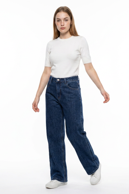 Women's Navy Blue Wash High Waist Straight Leg Jeans