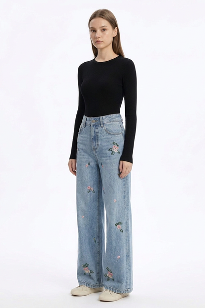 Women's Vintage Wash Embroidered High Waist Wide Leg Jeans