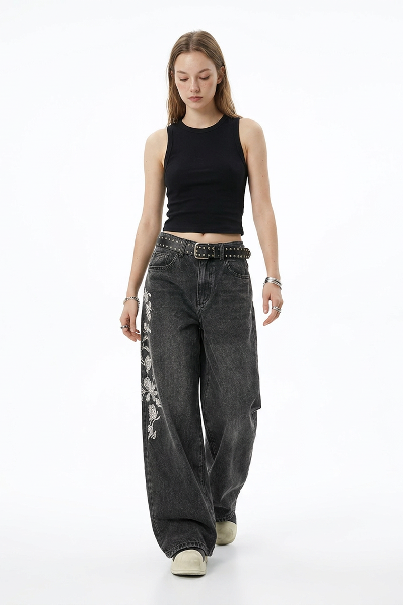 Women's Floral Embroidered High Waist Stretch Wide Leg Jeans