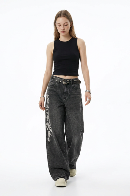 Women's Floral Embroidered High Waist Stretch Wide Leg Jeans