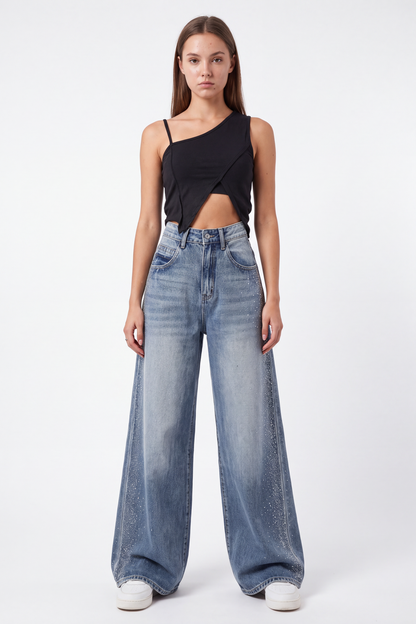 Women's Sparkly Diamante High Waist Stretch Wide Leg Jeans