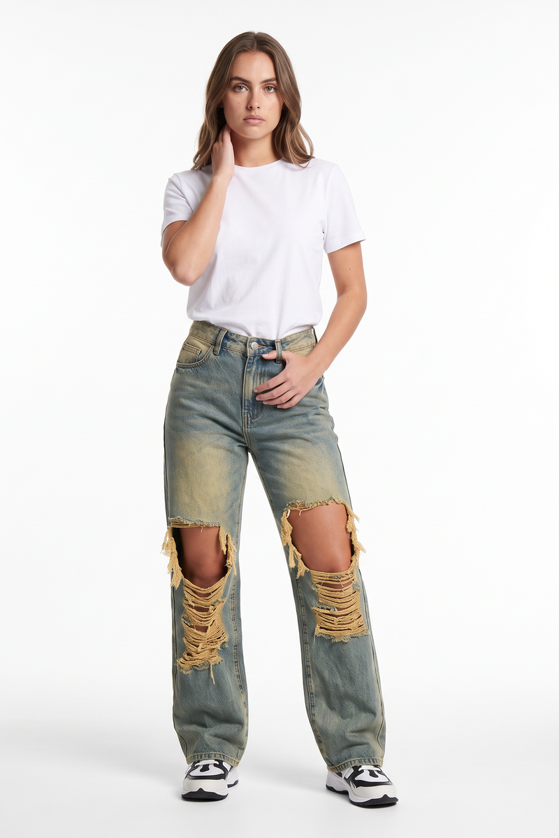 Women's High Waist Wide Leg Ripped Wide Leg Jeans
