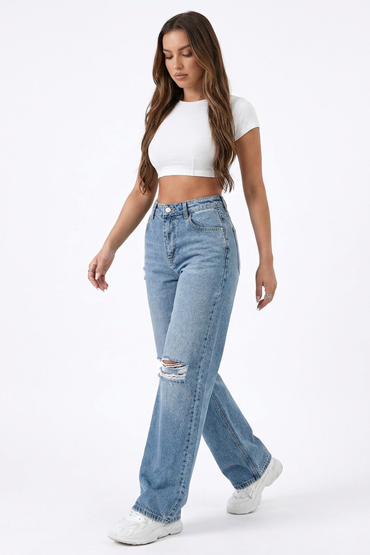 Women's High Waist Straight Leg Ripped Jeans