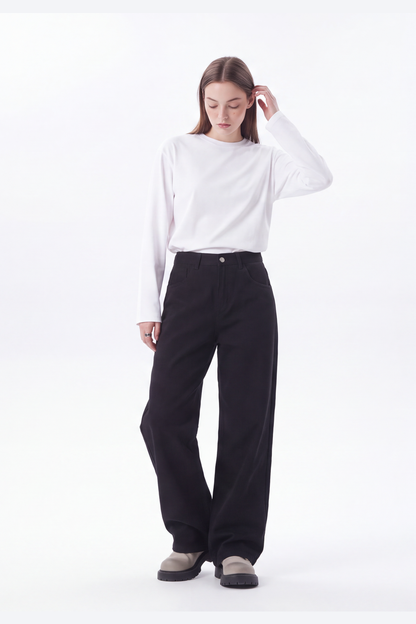 Women's High Waist Pure Black Wide Leg Jeans