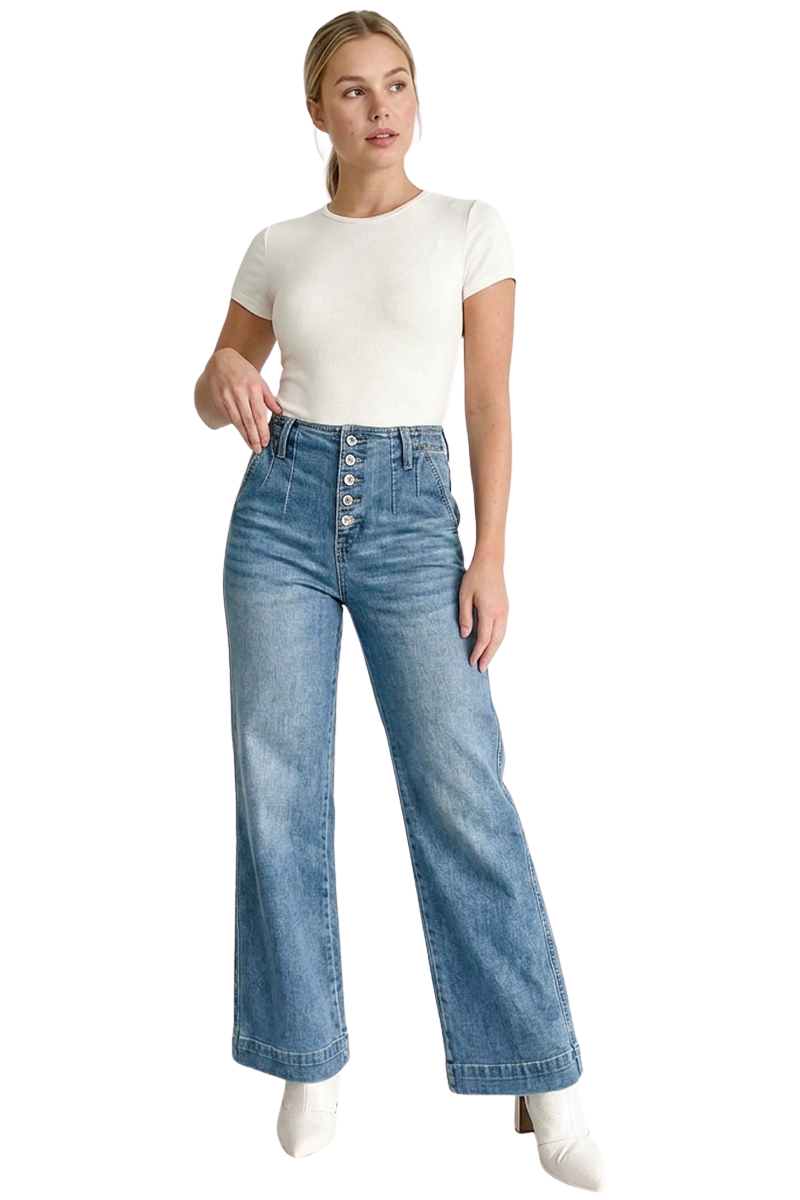 Women's High-Waisted Button-Fly Cuffed Wide-Leg Jeans
