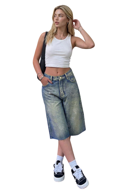 Women's Rhinestone High-Waisted Denim Bermuda Shorts