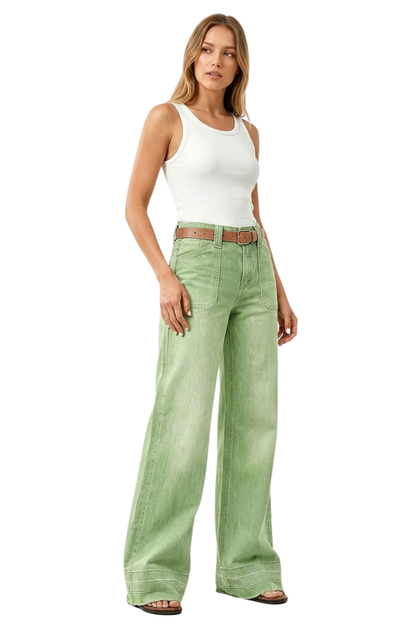 Women's Green Vintage Wash High-Waisted Wide-Leg Jeans
