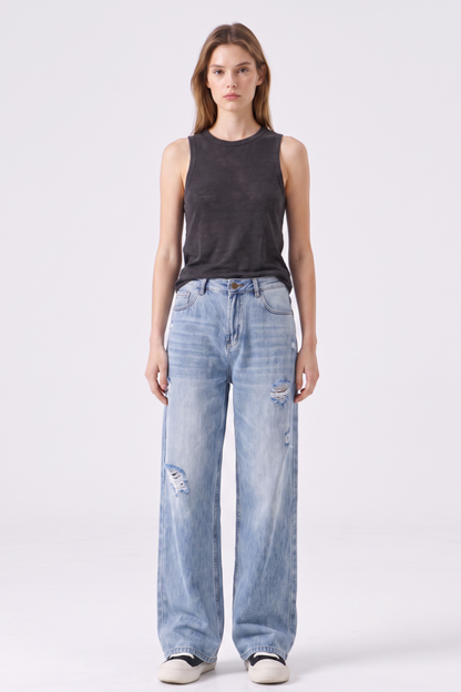 Women's High Waist Ripped Wide Leg Jeans