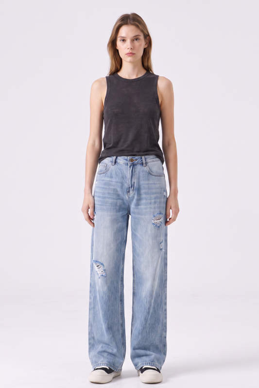 Women's High Waist Ripped Wide Leg Jeans