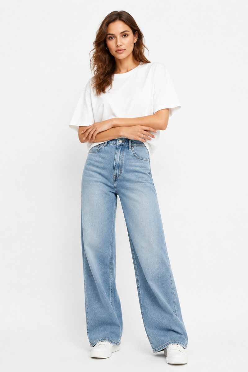 Women's High Waist Blue Stretch Wide Leg Jeans