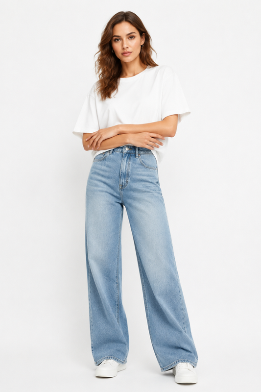Women's High Waist Blue Stretch Wide Leg Jeans