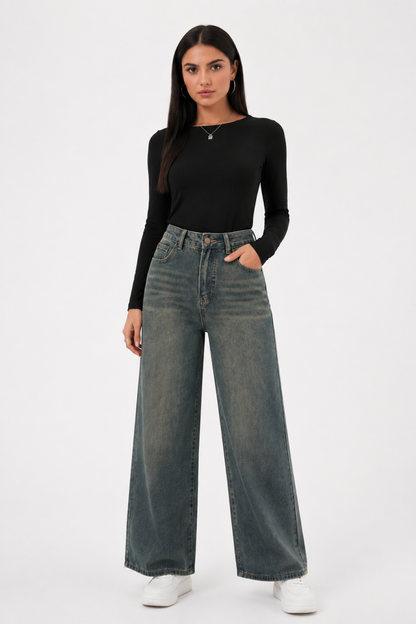 Women's vintage high-waisted loose wide-leg jeans