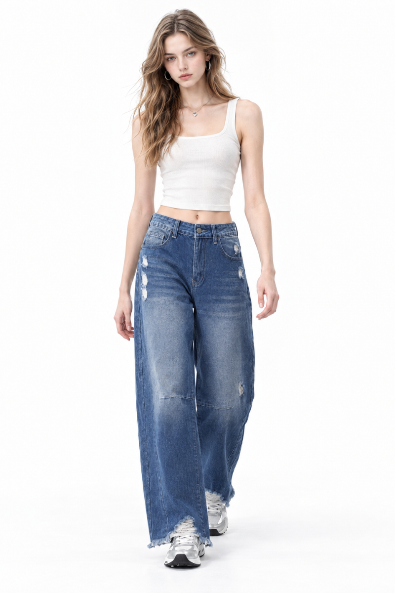 Women's High Waist Distressed Wide Leg Jeans