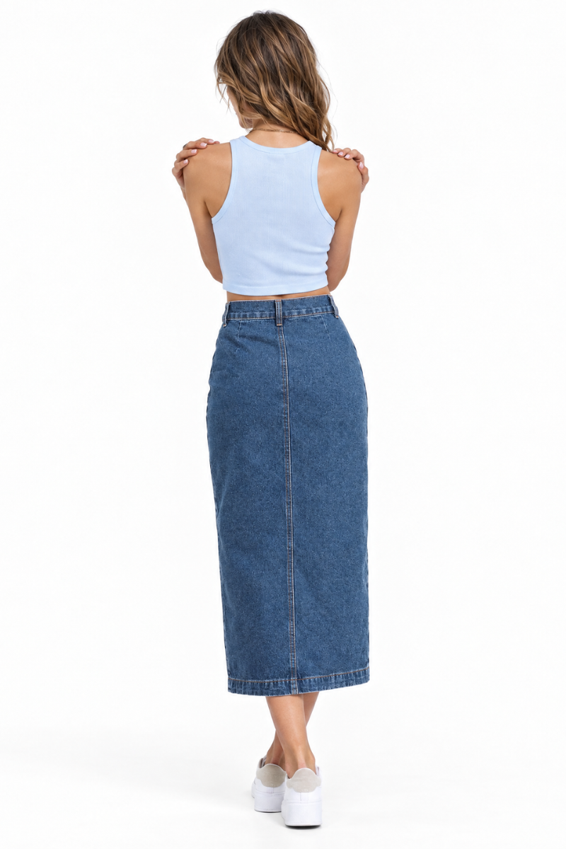 Women's High Waist Side Button Denim Midi Skirt