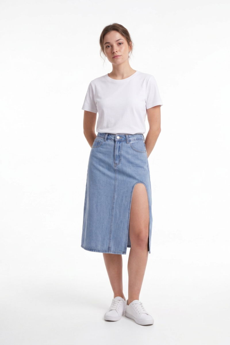Women's High Waist A-Line Front Slit Denim Midi Skirt