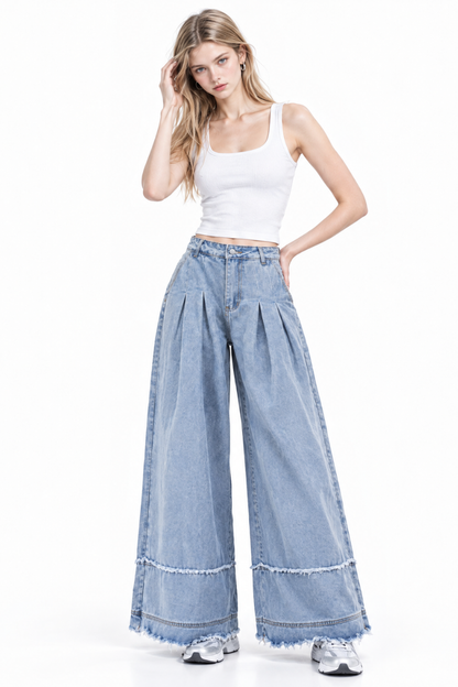 Women's High Waist Pleated Wide Leg Jeans