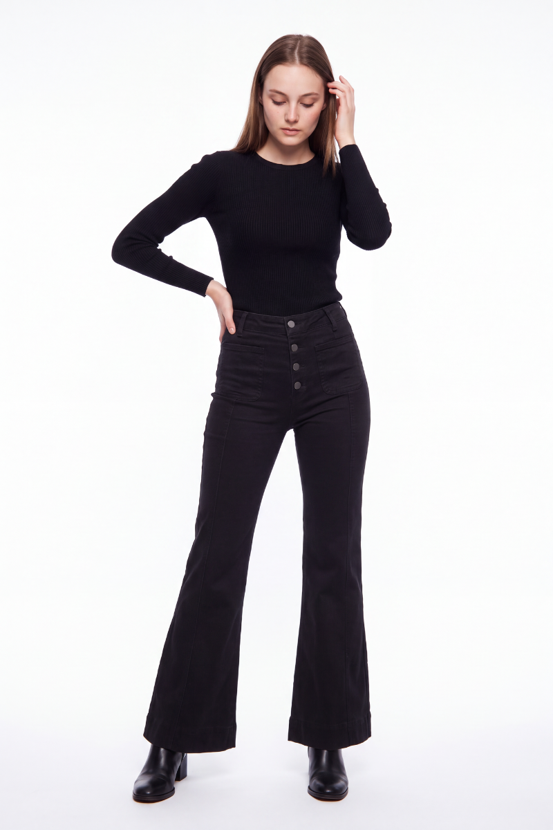Women's Black High Waist Button Fly Stretch Flare Jeans