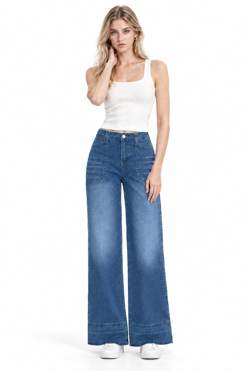 Women's High Waist Patchwork Wide Leg Jeans