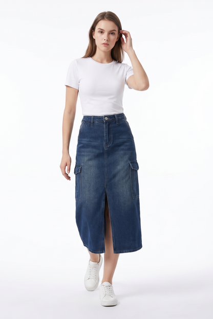 Women's High Waist Front Slit Denim Midi Skirt