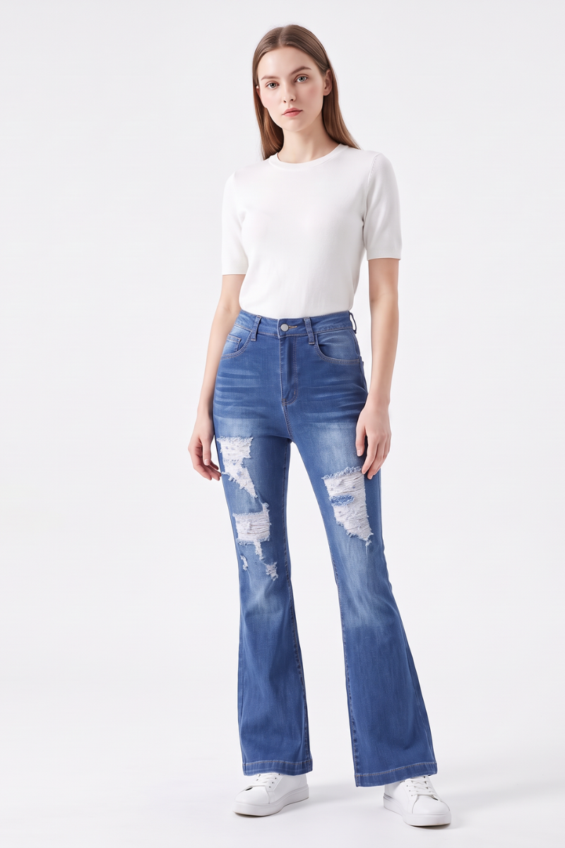 Women's High Waist Ripped Distressed Stretch Flare Jeans