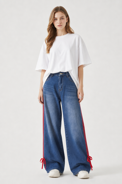 Women's High Waist Wide Leg Jeans with Red Side Stripe