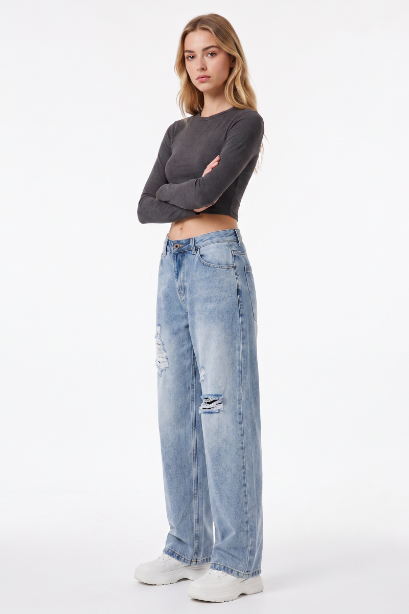 Women's High Waist Ripped Straight Leg Jeans