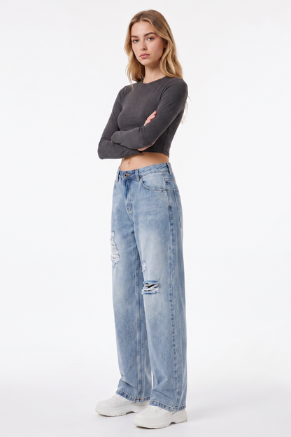 Women's High Waist Ripped Straight Leg Jeans