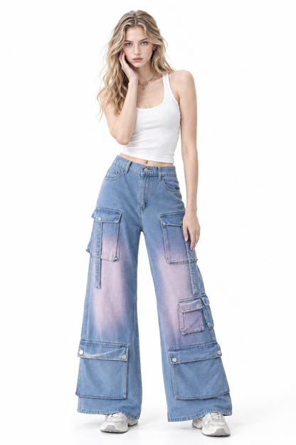 Women's Multi-Pocket High Waist Cargo Wide Leg Jeans